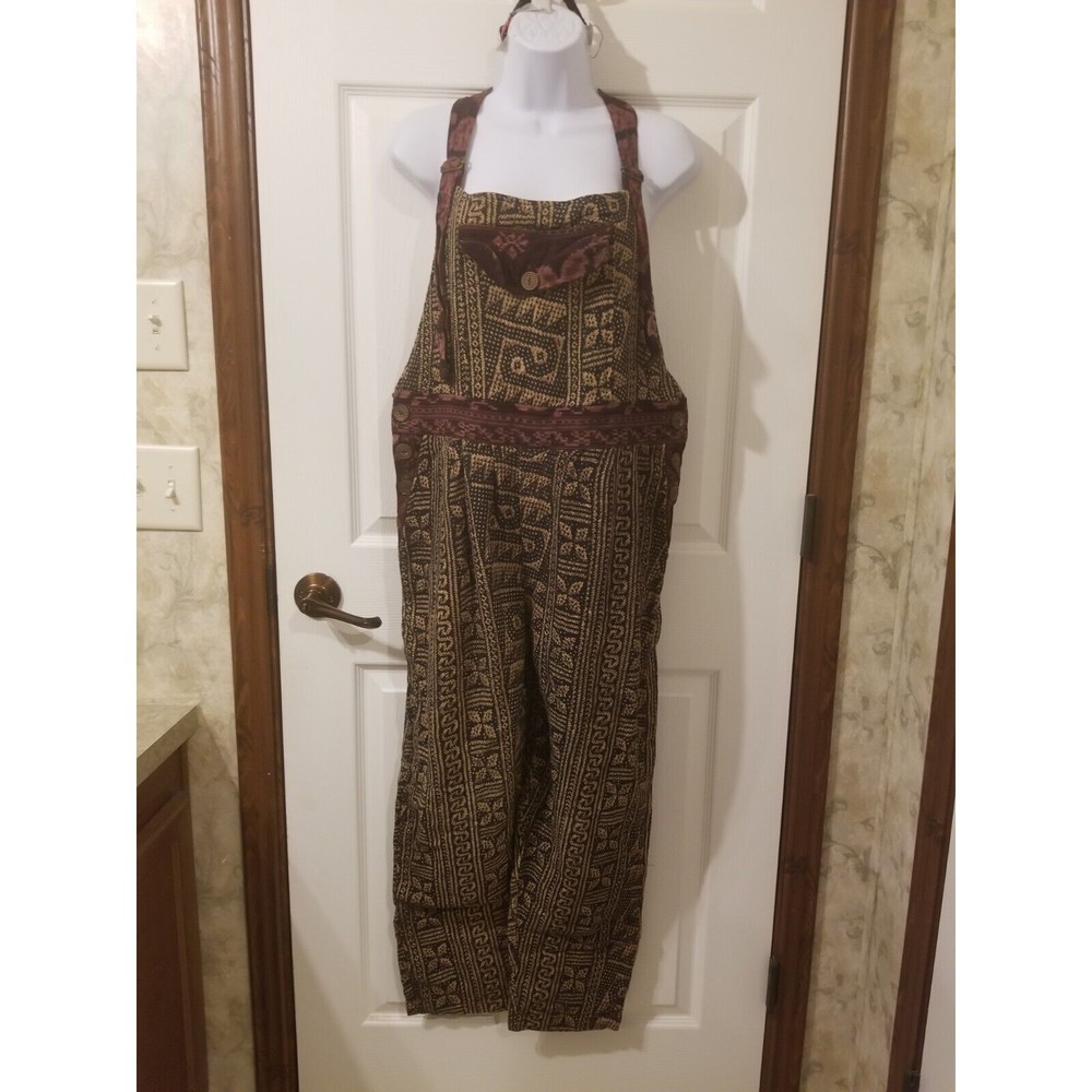 Fits L XL OS Kusnadi new York brown woven overall jumpsuit boho vintage cotton